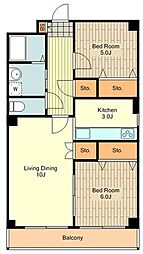 リベルタ国立 2階2LDKの間取り