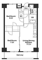 JR総武線 千葉駅 徒歩15分の賃貸マンション 8階2LDKの間取り