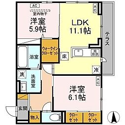 千葉都市モノレール 千城台北駅 徒歩10分の賃貸マンション 1階2LDKの間取り