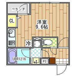 千葉都市モノレール 県庁前駅 徒歩4分の賃貸マンション 2階ワンルームの間取り