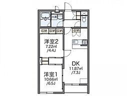 レオパレスピュアタウン 2階2DKの間取り