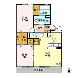 ベルデュールB 1階2LDKの間取り