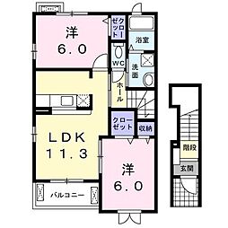 京王相模原線 稲城駅 徒歩15分の賃貸アパート 2階2LDKの間取り