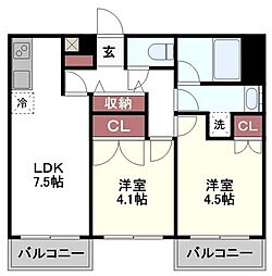 イーストビー国立 2DKの間取図画像