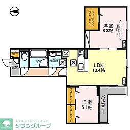 JR武蔵野線 越谷レイクタウン駅 徒歩17分の賃貸アパート 2階2LDKの間取り