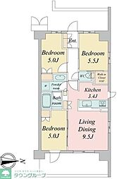 JR中央線 武蔵境駅 徒歩4分の賃貸マンション 7階3LDKの間取り