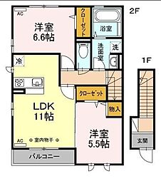西武拝島線 武蔵砂川駅 徒歩10分の賃貸アパート 2階2LDKの間取り