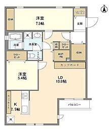 サンフラット 2階2LDKの間取り