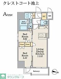 東急池上線 池上駅 徒歩3分の賃貸マンション 12階2LDKの間取り