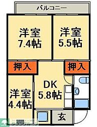 JR常磐線 北松戸駅 徒歩11分の賃貸マンション 2階3DKの間取り