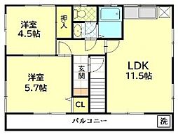 西武新宿線 久米川駅 徒歩16分の賃貸アパート 3階2LDKの間取り