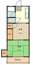 JR中央線 国立駅 徒歩14分の賃貸マンション 2階2Kの間取り