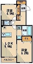 京王線 東府中駅 徒歩12分の賃貸マンション 2階2LDKの間取り