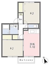 アミティエＮ 1階2DKの間取り