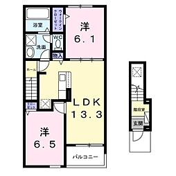 JR身延線 甲斐住吉駅 徒歩17分の賃貸アパート 2階2LDKの間取り