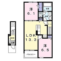JR身延線 甲斐住吉駅 徒歩17分の賃貸アパート 2階2LDKの間取り