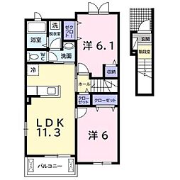 JR外房線 茂原駅 バス8分 五郷下車 徒歩4分の賃貸アパート 2階2LDKの間取り