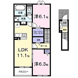 JR内房線 木更津駅 バス6分 中里下車 徒歩4分の賃貸アパート 2階2LDKの間取り