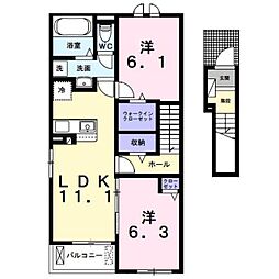 JR外房線 茂原駅 バス4分 信用組合前下車 徒歩12分の賃貸アパート 2階2LDKの間取り