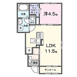 ロックリバー4号館 105 1階1LDKの間取り