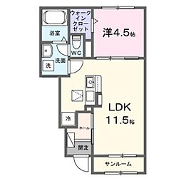ロックリバー4号館 102 1階1LDKの間取り