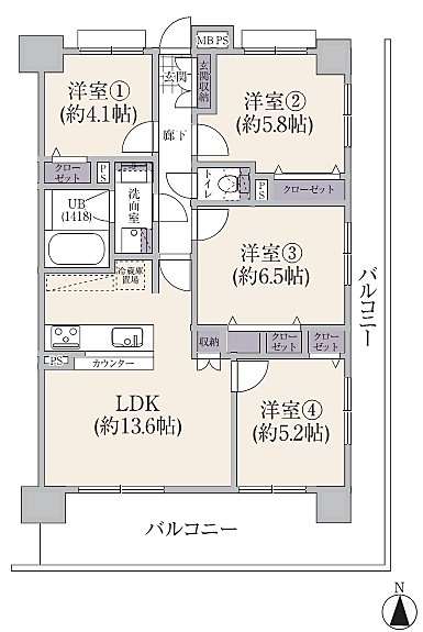 南・東の2面バルコニーに面した、陽当たり・通風良好な4LDK。13.6帖の広々としたLDKを中心に、全居室に窓とクローゼットが完備されています。家族が自然と集まり、個人の時間も大切にできる間取りです。