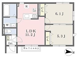 シャモネ長谷 2LDKの間取図画像