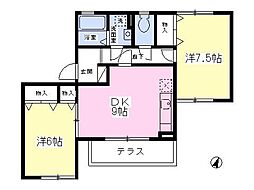 ルミエール（所沢） 1階2DKの間取り