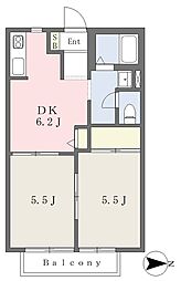 ドエル富田Ｂ 203 2階2DKの間取り