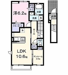 ハピネス久留米 2階1LDKの間取り
