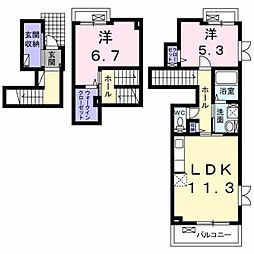 JR豊肥本線 武蔵塚駅 徒歩27分の賃貸アパート 2階2LDKの間取り
