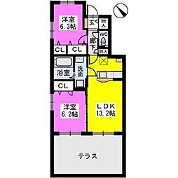 SteLLa若草A 2LDKの間取図画像