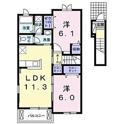 JR鹿児島本線 鳥栖駅 徒歩21分の賃貸アパート 2階2LDKの間取り