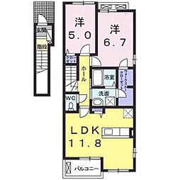 JR豊肥本線 水前寺駅 バス16分 小峯下車 徒歩11分の賃貸アパート 2階2LDKの間取り
