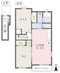 サニーデイ・コートＡ 2階2LDKの間取り