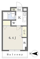 サンルミエール 4階1Kの間取り
