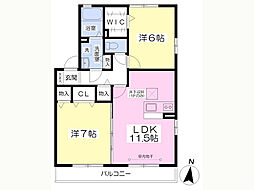 ユイット・ボヌール 2LDKの間取図画像