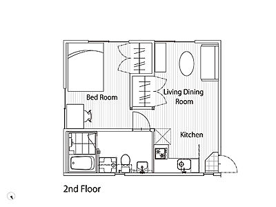 間取り：34平米の室内は、2部屋に分かれており、どちらにも大容量収納が用意されています。手前の部屋をリビングダイニングとして、奥の部屋を寝室兼作業スペースとしてご利用頂くことが可能です。