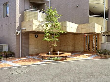 アプローチ中央には青々としたシンボルツリーが配置され、その周りを囲む木製サークルベンチが印象的。ちょっとした休憩や住人同士の心地よいコミュニケーションスペースとして空間を彩ります。