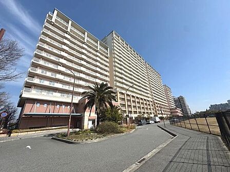 開放感のある広い道路に面した大型マンションです。外観は明るく手入れされた植栽が彩りを添えています。並び立つ建物が存在感を感じさせます。周囲には視界を遮る高い建物が少なく空の広がりも魅力です。