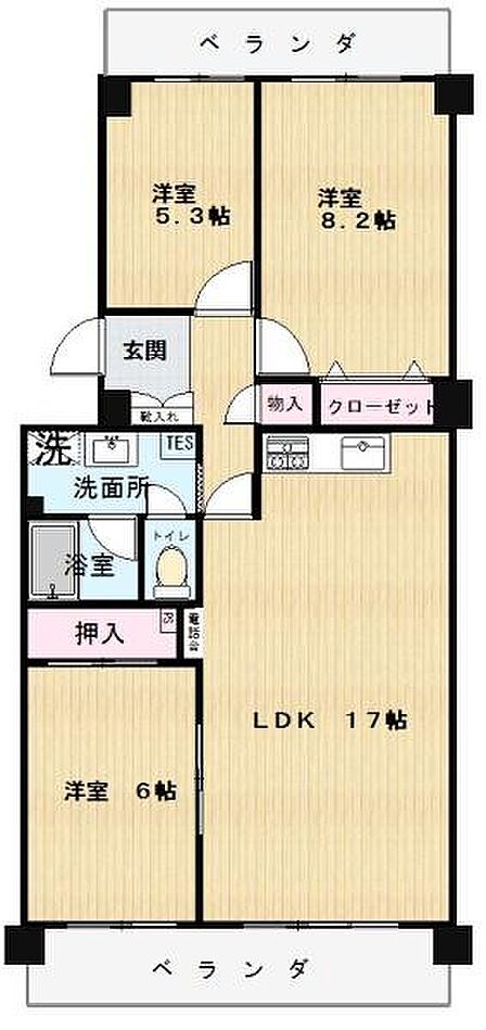 3LDK!全室、洋室リフォーム済!最上階