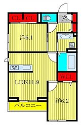 ヴィラージュ 2階2LDKの間取り