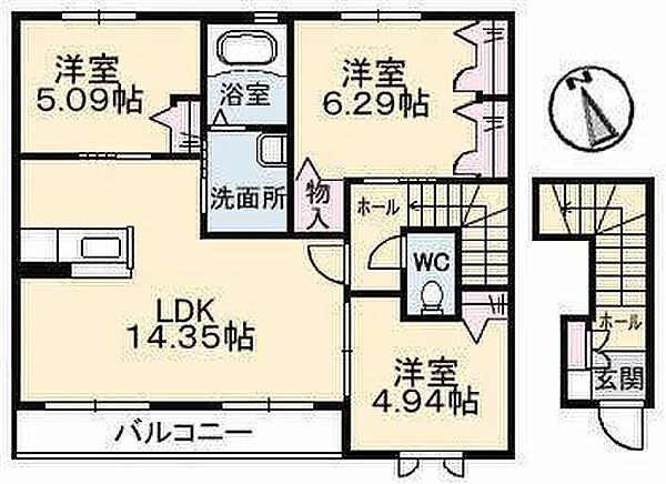 エスポワール3 201｜鳥取県米子市西福原９丁目(賃貸アパート3LDK・2階・72.72㎡)の写真 その2