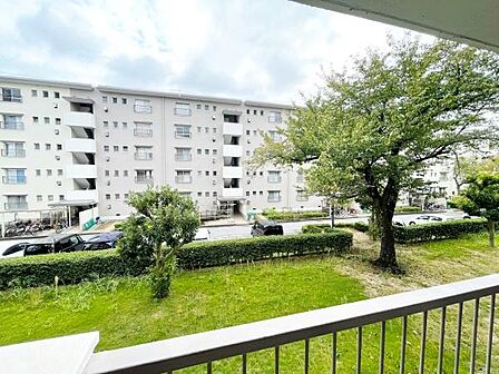 バルコニーから広がる緑豊かな景色が印象的です。開放感を感じられる現地からの眺望となっています。正面には集合住宅と公道があり周囲の様子もよく見渡せます。季節ごとに印象が変わる木々も魅力のひとつです。