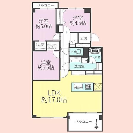約17.0帖のLDKはゆとりのある空間が広がっています。3つの洋室でプライベートなスペースも確保できます。洗面室や浴室など水回りがまとまっていて家事動線が考えられた間取りです。