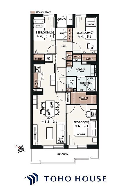 3つの居室と広々LDK12.3Jを備えた3LDKの間取り図です。豊富な収納とバルコニーで、家族みんなが快適に暮らせる空間設計。お子様の成長に合わせた部屋の使い方も楽しめます。