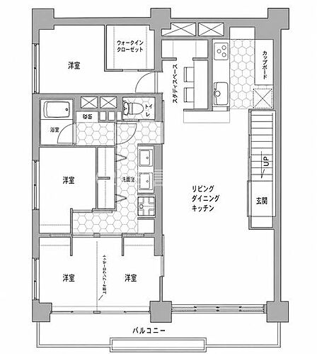 各部屋がしっかり区切られた間取りでプライベート空間を確保しやすい設計です。リビングダイニングキッチンが広めに配置されておりゆとりのある空間です。