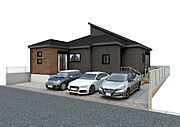 【完成予想図】ダークトーン×ウッディの外壁がナチュラルな4LDKの平屋。デザイン性と機能性を両立したお住まい、資料請求だけでもお気軽に。