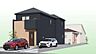 外観：黒い外壁の2階建て住宅と敷地内の駐車スペース