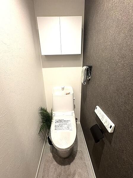 アクセントクロス採用の落ち着いた雰囲気のトイレルーム。温水洗浄現座・収納付!